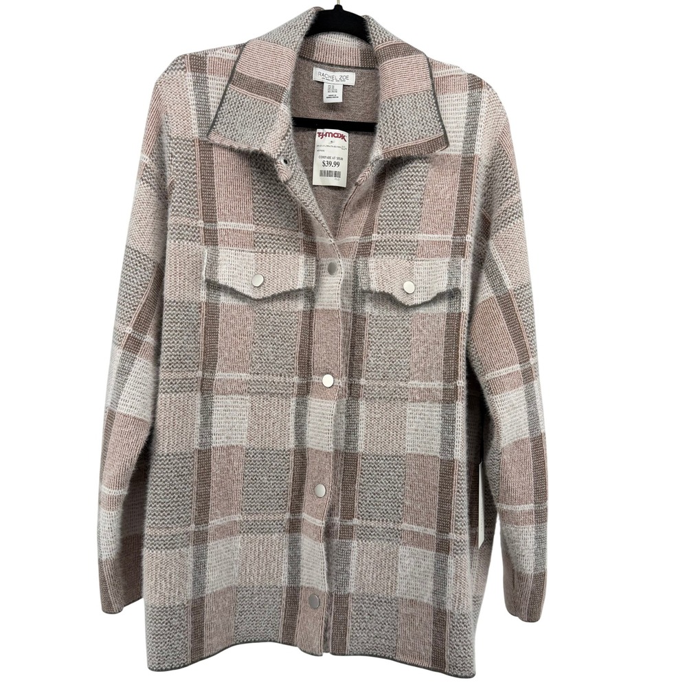 NWT Rachel Zoe Plaid Knit Shacket Womens 3X Mauve Grey Snap Front Sweater Jacket